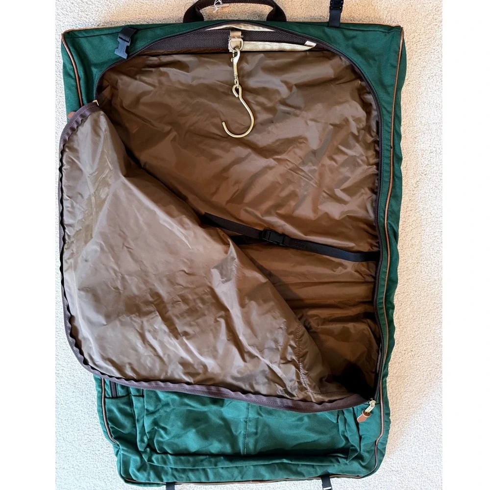 Vintage L.L. Bean Garment Bag Green Canvas Leather Trim Tri-Fold Travel Suit Bag